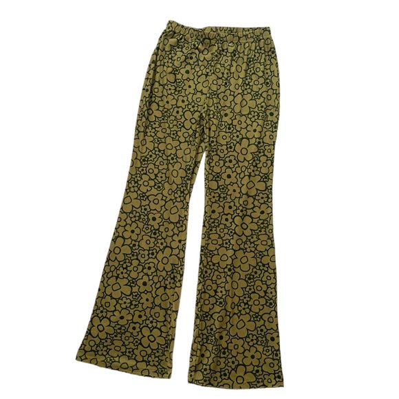 Cider Green Flower Velvet Wide-Leg Flare Pants Funky Retro 70s Loungewear Large - Picture 1 of 6